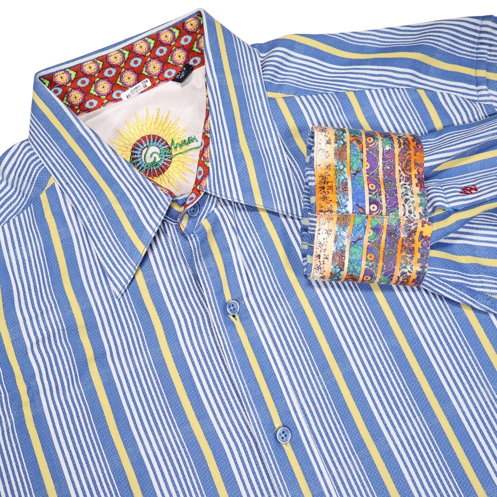 ROBERT GRAHAM Men's XL Blue Yellow‎ Striped Contrasting Cuffs Button Down Shirt